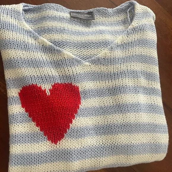 Wooden Ships Blue and White Striped V-Neck Sweater with Red Heart - Picture 9 of 9